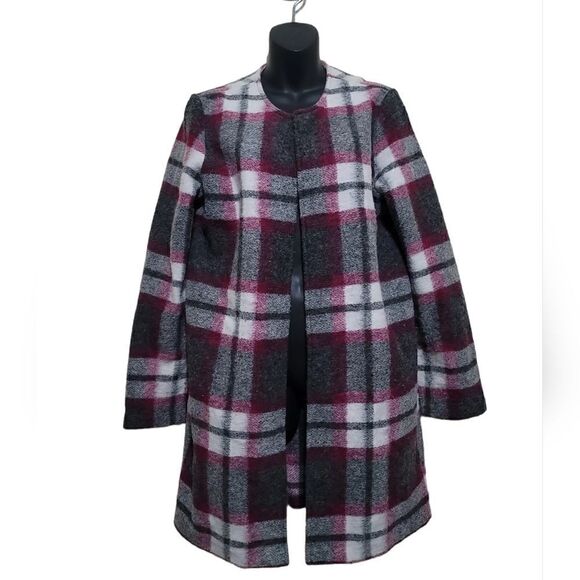 Max Studio Gray Red White Open Front Plaid Coat Woolblend Sz Large - Picture 4 of 7